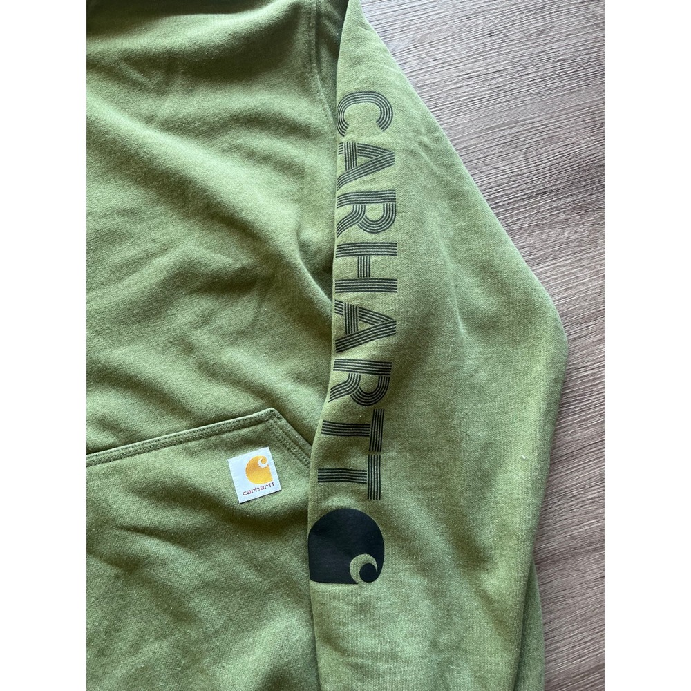 Carhartt Mens Loose Fit Spell Out Sleeve Logo Hoodie Olive Green L Fleece - Picture 2 of 15